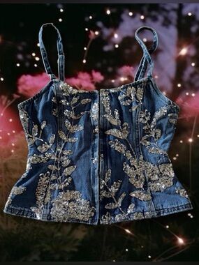 Embellished Denim Corset Tank Top